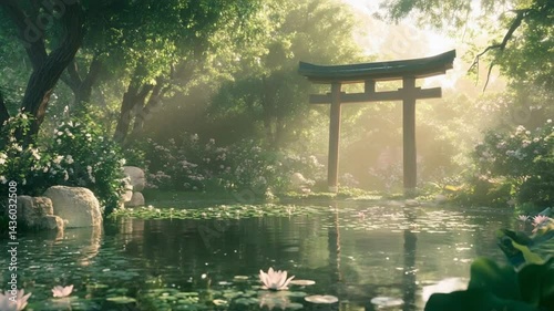 Serene Japanese Garden: Tranquil Pond, Lush Greenery, and Ancient Torii Gate at Sunrise