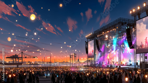 A nighttime rock festival with a dark blue sky, an ecstatic crowd
