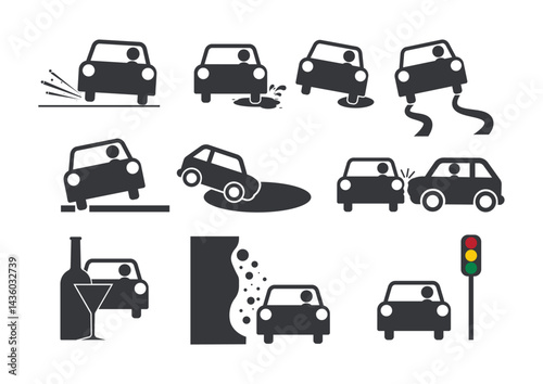 Bundle set pictogram safety sign car and vehicle, for traffic and transportation label