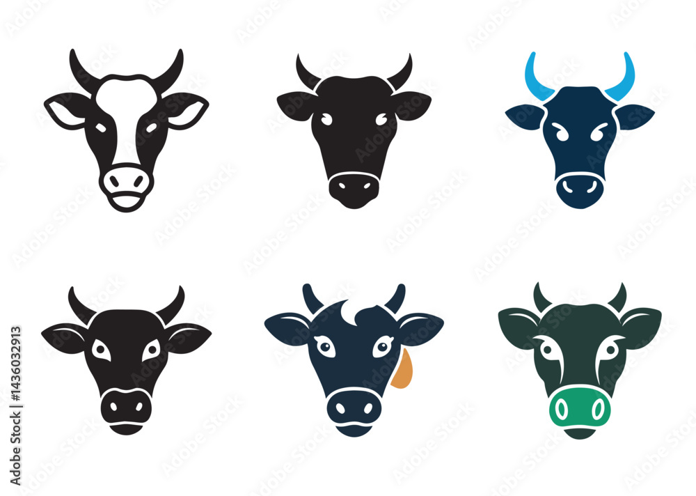 Cow head icon Set, Cow head Silhouette vector Design