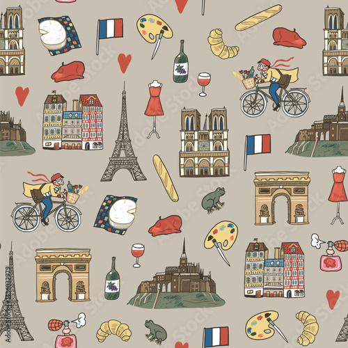 Paris France vector illustrations seamless pattern