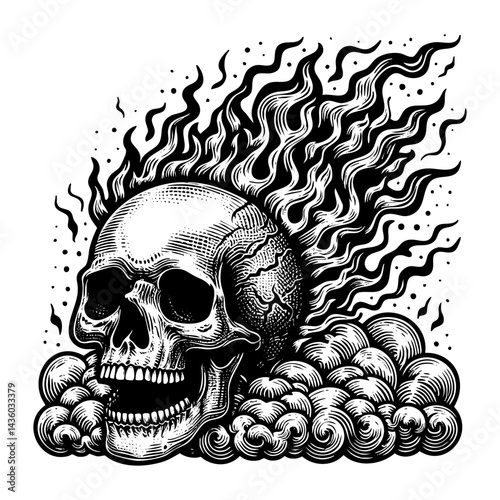 Skull burning fire flame sketch engraving black and white outline. Scratch board imitation.  illustrated in vintage line art style on a white background.