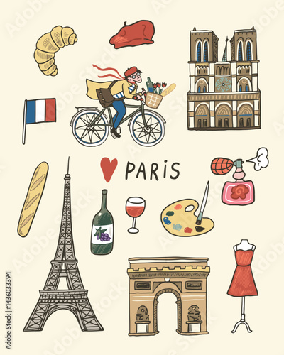 Paris France vector illustrations set