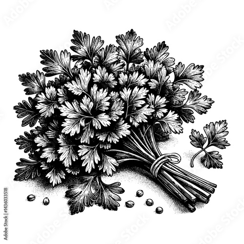 Celery engraving black and white outline. Scratch board imitation.  illustrated in vintage line art style on a white background.
