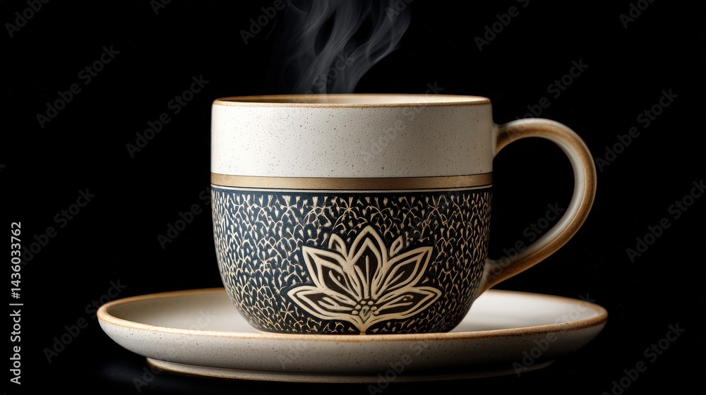 Elegant Ceramic Cup with Steam and Decorative Lotus Design