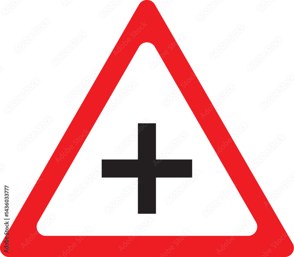 Obraz premium crossroad warning sign, red triangle traffic symbol indicating intersection or junction ahead on roadway