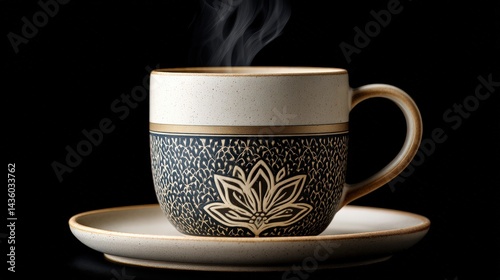 Obraz na płótnie Elegant Ceramic Cup with Steam and Decorative Lotus Design w salonie