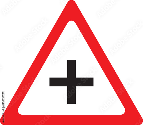 crossroad warning sign, red triangle traffic symbol indicating intersection or junction ahead on roadway