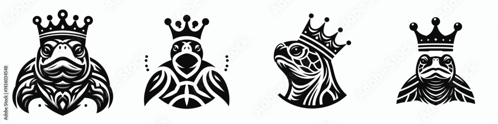 Fototapeta premium Turtle head with crown. Silhouette logo animal mascot. Reptilian tortoise cranium adorned by regal diadem concept of royalty.