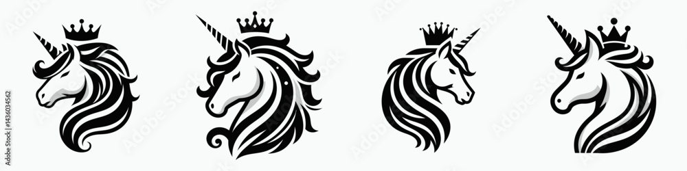 Naklejka premium Unicorn head with crown. Silhouette logo animal mascot. Majestic equine visage wearing regal diadem fairytale creature art horned horse.