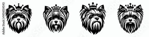 Yorkshire Terrier Dog head with crown. Silhouette logo animal mascot. Tiny cranium adorned royal diadem canine portrait art regal pup.