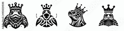 Turtle head with crown. Silhouette logo animal mascot. Reptilian tortoise cranium adorned by regal diadem concept of royalty.