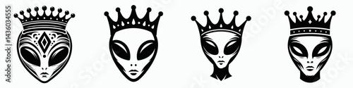 alien head with crown. Silhouette logo animal mascot. Extraterrestrial cranium adorned by regal coronet celestial royal imagery.