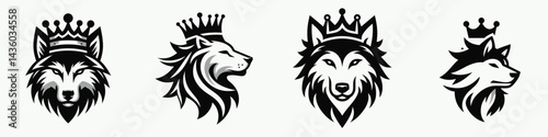 Wolf head with crown. Silhouette logo animal mascot. Canine leader adorned regal diadem king portraiture crest design.