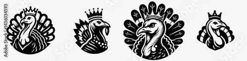 Turkey head with crown. Silhouette logo animal mascot. Fowl portrait diadem poultry leader wearing royal headgear avian boss.