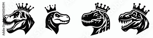 T rex head with crown. Silhouette logo animal mascot. Reptilian skull adorned regalia jurassic era king dinosaur cranium diadem.
