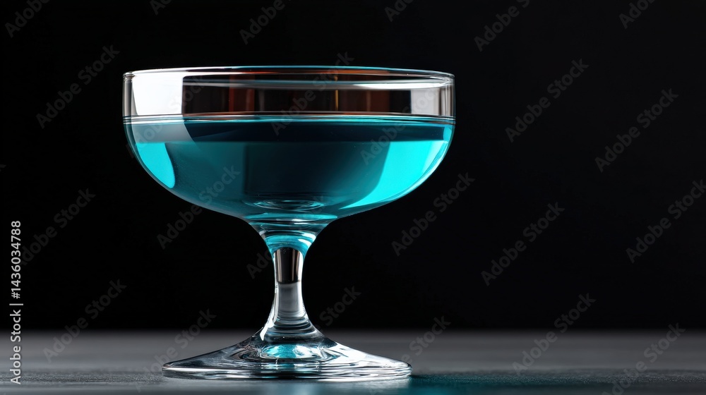 Elegant coupe glass with blue liquid isolated on a black background