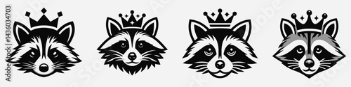 Raccoon head with crown. Silhouette logo animal mascot. Masked bandit face wearing royal diadem cranium tiara wildlife mascot emblem.