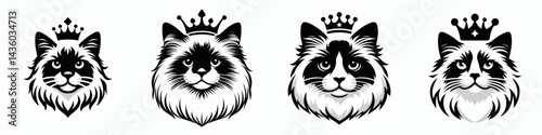Ragdoll Cat head with crown. Silhouette logo animal mascot. Regal feline portrait breed kitten visage wearing royal coronet.