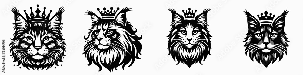Fototapeta premium Maine Coon Cat head with crown. Silhouette logo animal mascot. Majestic feline visage bearing royal coronet regal longhair portrait illustration.