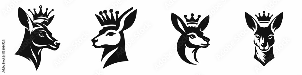 Kangaroo head with crown. Silhouette logo animal mascot. Marsupial face adornment diadem over roo visage regal wildlife portrait.