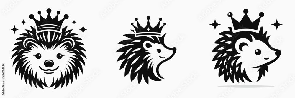 Obraz premium Hedgehog head with crown. Silhouette logo animal mascot. Royal spiny mammal portrait diadem regal creature adornment.
