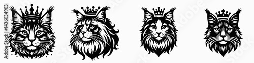 Maine Coon Cat head with crown. Silhouette logo animal mascot. Majestic feline visage bearing royal coronet regal longhair portrait illustration.