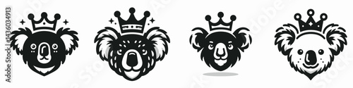 Koala head with crown. Silhouette logo animal mascot. Regal marsupial portrait apex headgear sovereign fauna majestic.