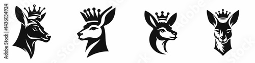 Kangaroo head with crown. Silhouette logo animal mascot. Marsupial face adornment diadem over roo visage regal wildlife portrait.