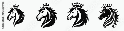 Horse head with crown. Silhouette logo animal mascot. Equine bust adorned majestic diadem royal stallion icon kingdom heraldry.