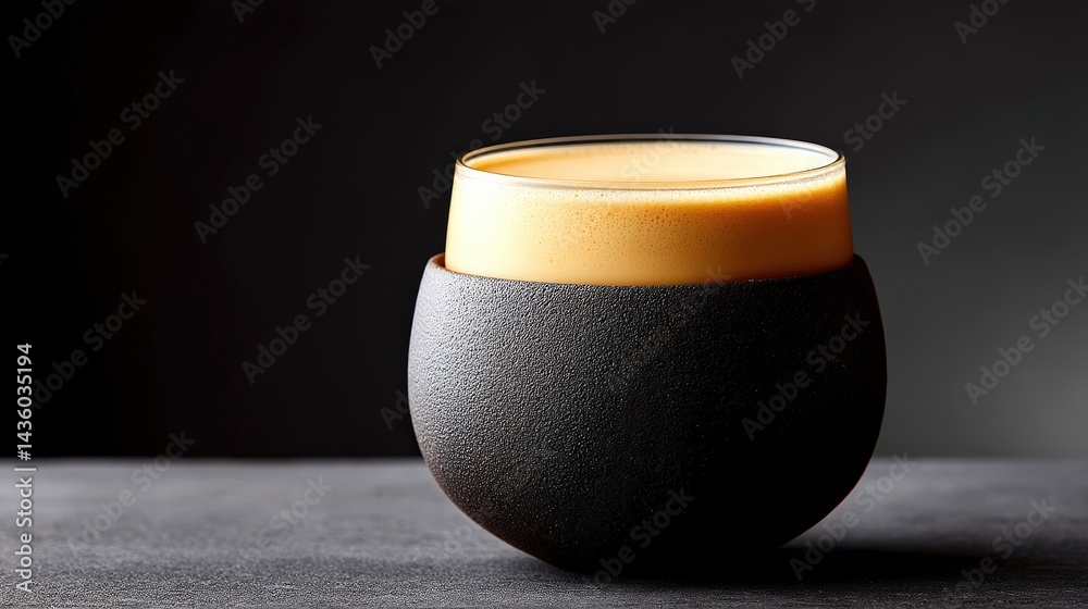 Elegant Dark Cup with Creamy Beverage on Clean Surface