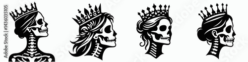 female skeleton head with crown. Silhouette logo animal mascot. Lady skull visage adorned using regal diadem spectral queen bone portrait.