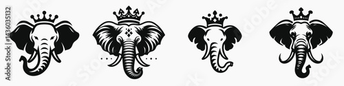 Elephant head with crown. Silhouette logo animal mascot. Regal pachyderm visage ornamented diadem majestic proboscide royalty icon.