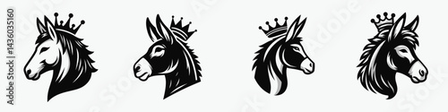 Donkey head with crown. Silhouette logo animal mascot. Regal burro visage majestic headpiece portrait of a noble long-eared beast.