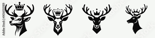 Deer head with crown. Silhouette logo animal mascot. Stag bust adorned royal diadem majestic mammal emblem hunting decor.