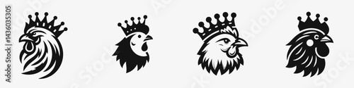 Chicken head with crown. Silhouette logo animal mascot. Fowl visage having diadem avian royalty icon regal bird emblem clipart.