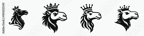 Camel head with crown. Silhouette logo animal mascot. Dromedary visage diadem majestic beast noble headdress desert motif.