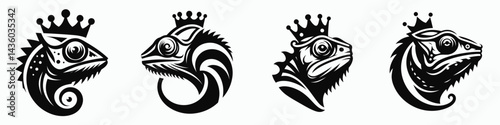Chameleon head with crown. Silhouette logo animal mascot. Reptile visage adorned in royal coronet exotic pet jeweled headgear.