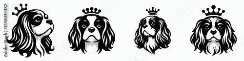 Cavalier King Charles Spaniel Dog head with crown. Silhouette logo animal mascot. Canine regal headpiece charming portrait coronet.