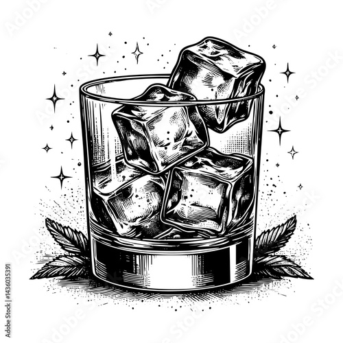 Glass of empty whiskey full ice cube sketch engraving black and white outline. Scratch board imitation.