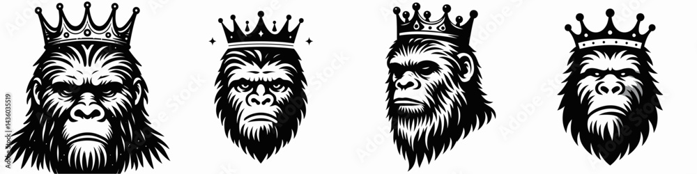 Fototapeta premium Bigfoot head with crown. Silhouette logo animal mascot. Mythical creature cranium adorned using regal headgear woodland giant concept.