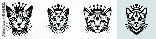 Bengal Cat head with crown. Silhouette logo animal mascot. Royal feline visage adorned a regal diadem fancy kitty portraiture.