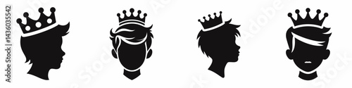 boy head with crown. Silhouette logo animal mascot. Young male visage adorned regal diadem a princely childs royal portrait.