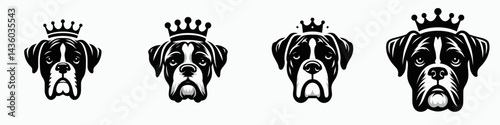 Boxer Dog head with crown. Silhouette logo animal mascot. Canine portrait breed face adorned regal diadem pet royalty theme.