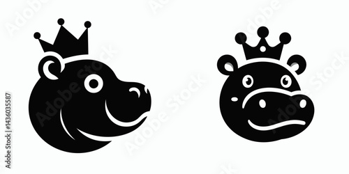 baby hippo head with crown. Silhouette logo animal mascot. Tiny visage adorned by regal diadem charming infant mammal portrait.