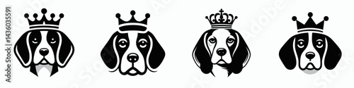 Beagle Dog head with crown. Silhouette logo animal mascot. Canine adorned regal diadem hound portrait noble breed pet royalty.