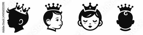 baby head with crown. Silhouette logo animal mascot. Infant cranium adorned by regal headgear tiny monarch childhood concept.