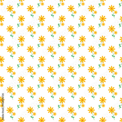 Bright Seamless Yellow Floral Pattern with Green Leaves on White Background