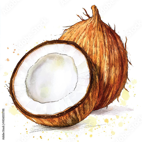A Coconut simple cartoon drawing watercolor icon