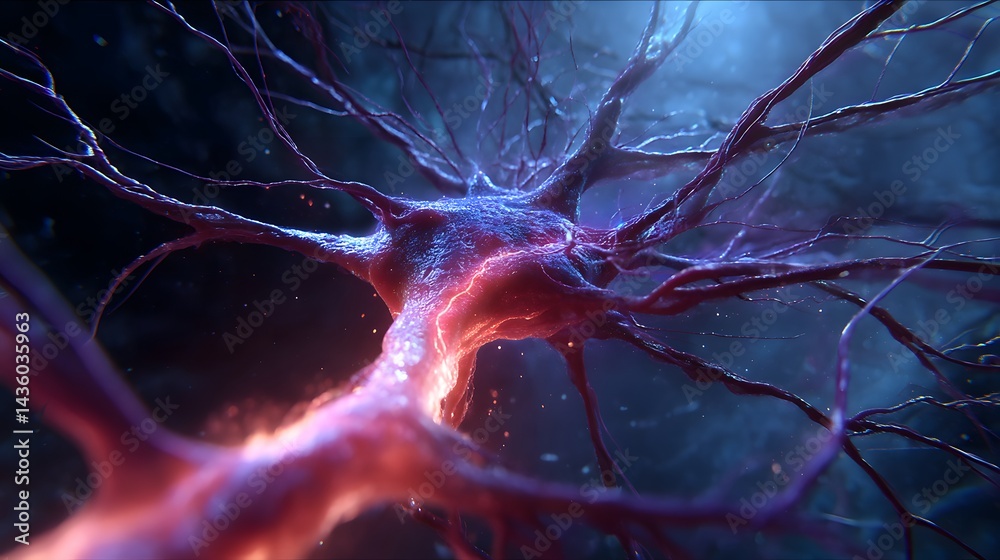 A vivid representation of a neuron, showcasing intricate details and glowing connections. This image illustrates the complexity and beauty of the nervous system in a stunning way. A vivid representation of a neuron, showcasing intricate details and glowing connections. This image illustrates the complexity and beauty of the nervous system in a stunning way.